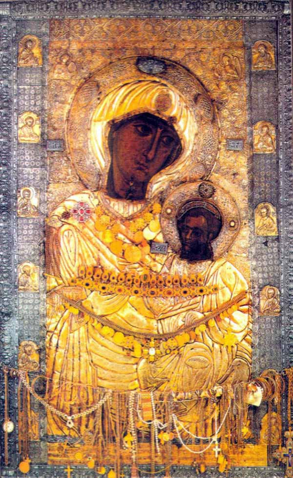 Иверская икона Божией Матери. 1-я пол. XI или нач. XII в. Оклад нач. XVI в. Иверский монастырь на Афоне.