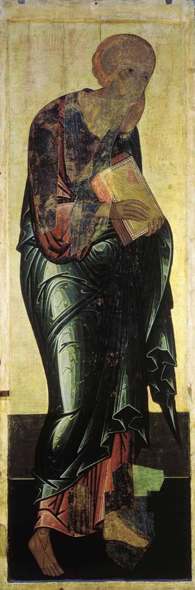 Иоанн Богослов, Андрей Рублев. 1408. Цикл икон деисусного чина иконостаса Успенского собора во Владимире.