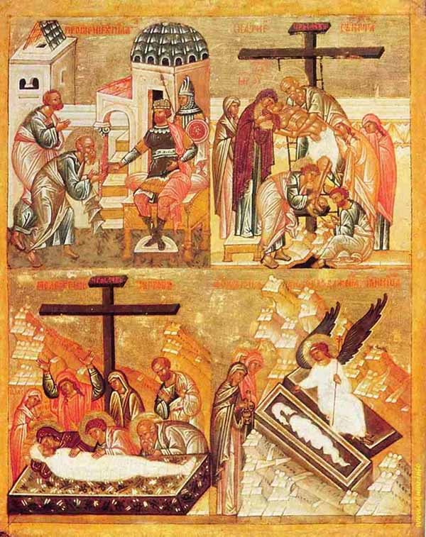 Четырехчастная икона Испрошение тела у Понтия Пилата, Снятие со креста, Положение во гроб.