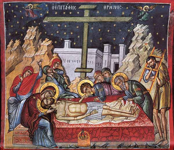 Оплакивание Христа. Фреска монастыря Дионисиат, Афон. Сер. XVI в.