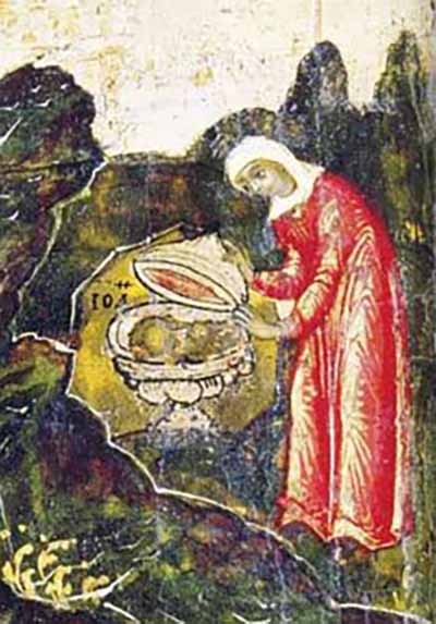 Святая Иоанна прячет главу Иоанна Крестителя (деталь иконы «Иоанн Предтеча Ангел пустыни». Около 1700 года, Москва, школа царских изографов).