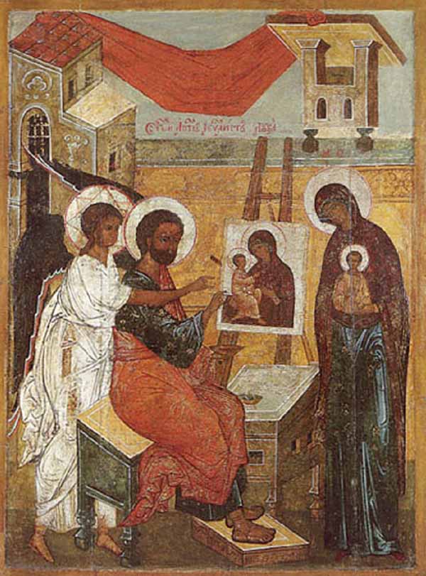 Святой Лука пишет красками образ Пресвятой Богородицы, держащей на руках Своих Предвечного Младенца.