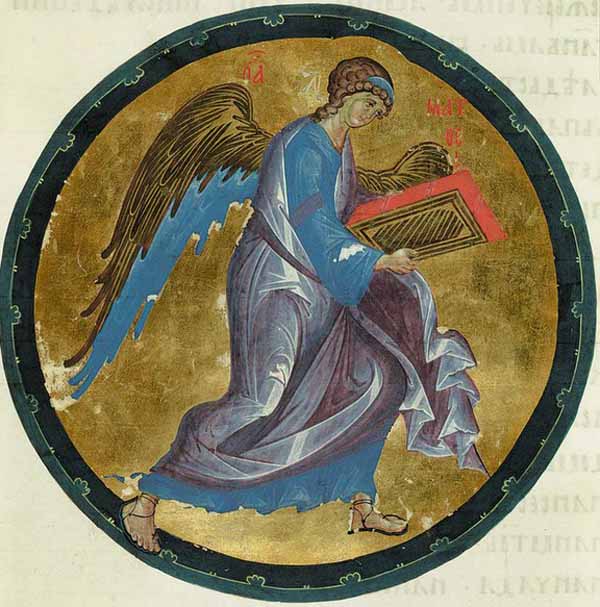 Ангел — символ св. Евангелиста Матфея. Евангелие Хитрово. 14 век.