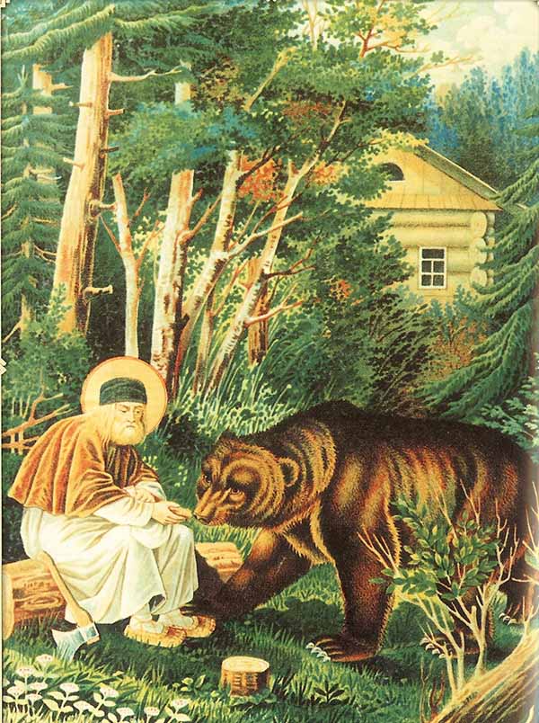 И иконографии святого часто изображают с медведем, которого он кормил хлебом из рук. Святой Серафим Саровский.